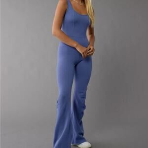American Eagle Flare Jumpsuit XL scoop neck ribbed blue NWT